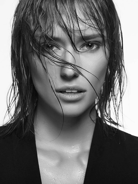 black and white portrait of beautiful girl with wet hair. young passion woman - Φωτογραφία, εικόνα