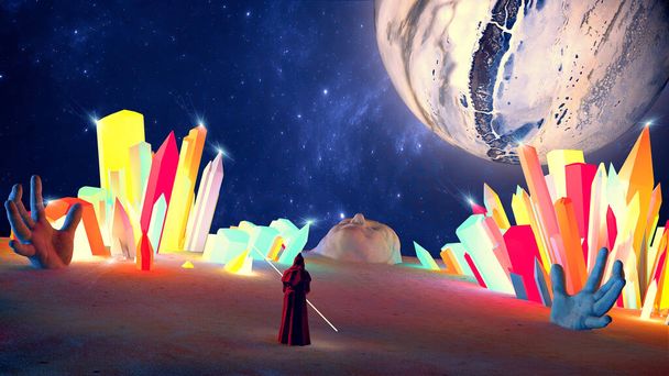 Fantasy landscape, sci-fi, post apocalyptic. Statue of face and hand coming out of the ground and glowing crystals, person with hood and lightsaber. Ruins of a civilization, other worlds. 3d rendering - Foto, immagini