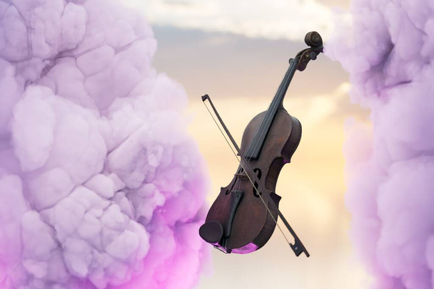 magic violin music. violin among the clouds. 3D render. - Foto, imagen