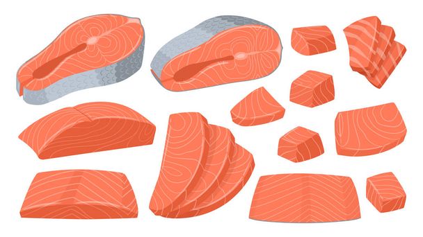 Cartoon sliced salmon. Red fish pieces, delicious sashimi slices, salmon steak and fillet flat vector illustration set. Salmon slices collection - Vecteur, image