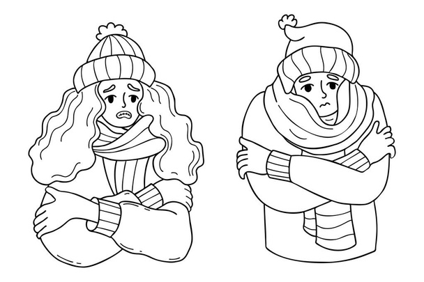 cold girl and man in knitted hat and wrapped in scarf freezing wearing and shivering. Outline vector illustration. hand drawn doodle. Winter season and suffering of low minus degrees temperature - Vektor, obrázek