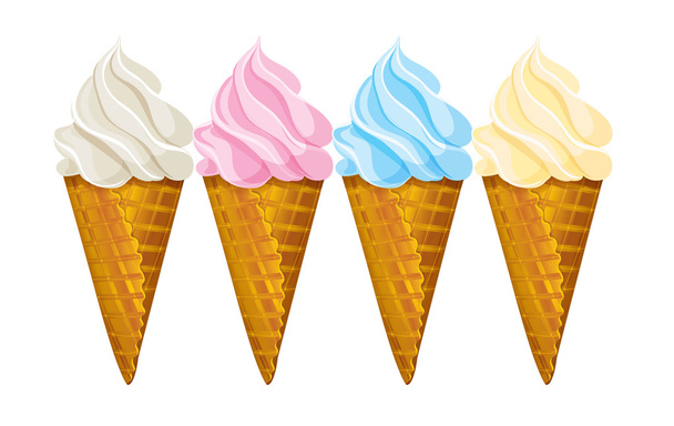 アイス クリーム ワッフル コーンの 4 つの異なる色 - ベクター画像