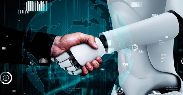 Майбутні фінансові технології, що контролюються роботом штучного інтелекту, використовують машинне навчання та штучний інтелект для аналізу бізнес-даних та дають поради щодо інвестиційного та торговельного рішення. 3D візуалізація
 . - Фото, зображення