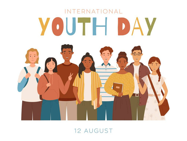 Group of multicultural students flat vector illustration. International Youth Day. Isolated characters on white background. Happy teenager in casual clothes. Youth lifestyle. Illustration for banners - Vektor, obrázek