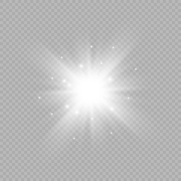 Effetto luminoso dei brillamenti della lente. Luci luminose bianche effetti starburst con scintille su uno sfondo grigio trasparente. Illustrazione vettoriale - Vettoriali, immagini