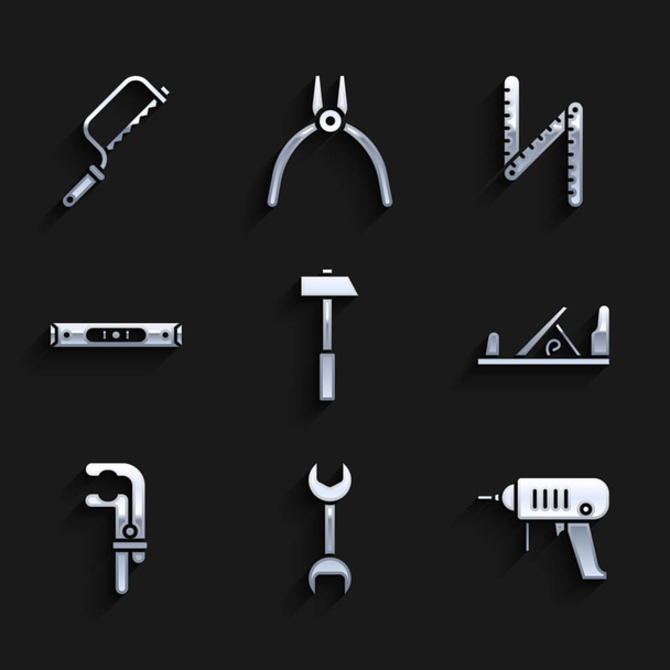 Set Hammer, Wrench spanner, Electric drill machine, Wood plane tool, Clamp, Construction bubble level, Folding ruler and Hacksaw icon. Vector - Διάνυσμα, εικόνα