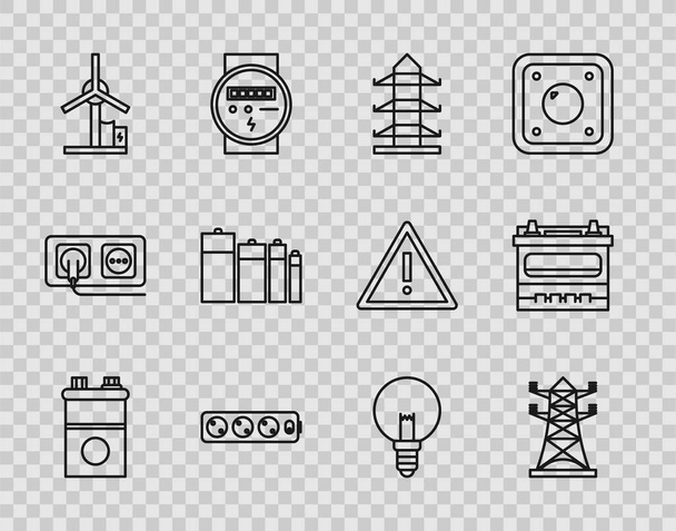 Set line Car battery High voltage power pole line Electric extension cord Wind turbine Battery Light bulb and icon. Vector. - Διάνυσμα, εικόνα