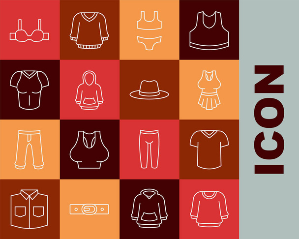 Set line Sweater T-shirt Undershirt Swimsuit Hoodie Bra and Man hat icon. Vector. - Vettoriali, immagini