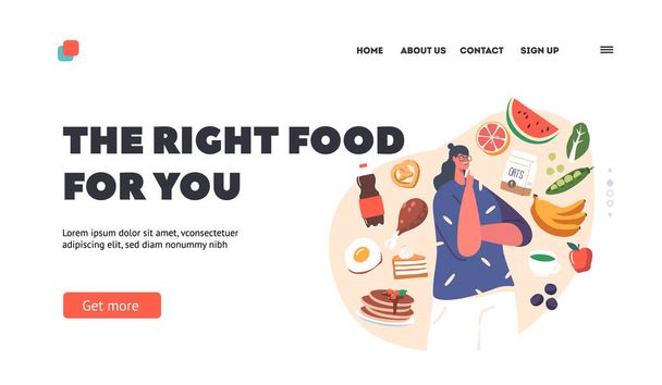 Right Food Landing Page Template. Woman Eating Priorities, Food Choice Concept with Female Characters Choose between Healthy and Unhealthy Meals. Cartoon People Vector Illustration - Vektor, obrázek