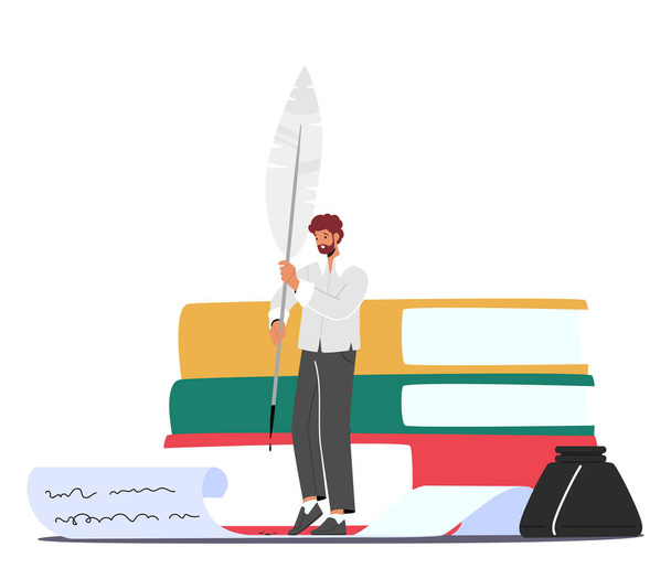 Writer, Editor Male Character Writing Text with Huge Vintage Feather Pen on Paper Scroll with Pile of Books nearby. Creative Inspired Author at Workplace. Cartoon People Vector Illustration - Vector, afbeelding