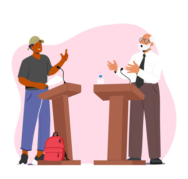 Debates Concept. Dialogue Between Young and Senior Men Behind The Podium. Political Election, Voting Speech. Controversy of Characters in Formal and Casual Suits. Cartoon People Vector Illustration - Vetor, Imagem