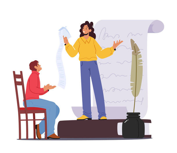 Poet Girl Reading Poem to Listener. Inspired Creative Female Character Presenting Poetries on Event for Artists in Room with Paper Scroll, Feather Pen and Inkwell. Cartoon People Vector Illustration - Vecteur, image