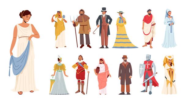 Set of People in Historical Costumes. Male and Female Characters Wear Ancient Greek, Victorian Era, Middle Ages Lady and Knight Suits. Actors and Actresses, Cosplay Event. Cartoon Vector Illustration - Vettoriali, immagini