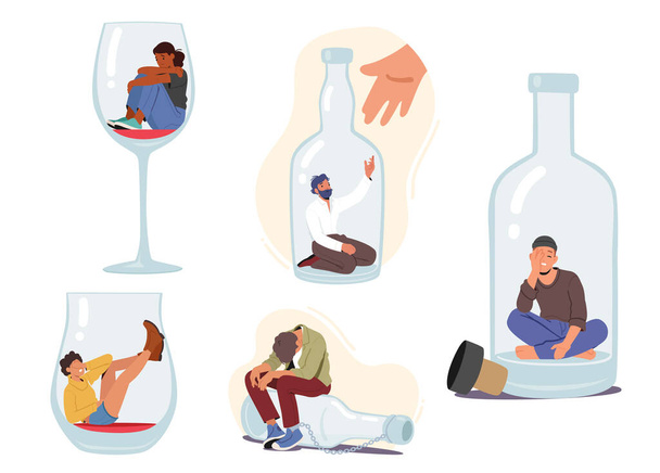 Alkoholiriippuvaisten joukko. Käsite mies ja nainen merkkiä istuu viinilasi tai pullon pohjalla. Henkilöt, joilla on haitallisia tapoja ja päihteiden väärinkäyttöä. Sarjakuva vektori kuvitus - Vektori, kuva