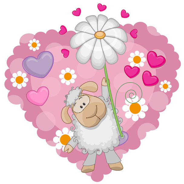 Sheep with hearts and flower - Vector, Imagen