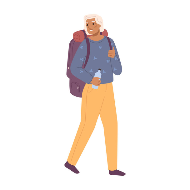 Hiking or trekking senior woman character carrying rucksack. Isolated grandmother leading healthy lifestyle, keeping fit and walking. Vector in flat style - Vektor, obrázek