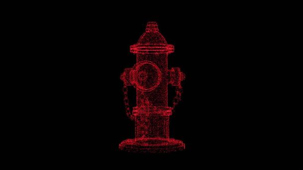 3D red hydrant object on black backdrop. Object consisting of flickering particles. Science tutorial concept. Abstract backdrop for logo, title, presentation. 3D animation - Foto, afbeelding