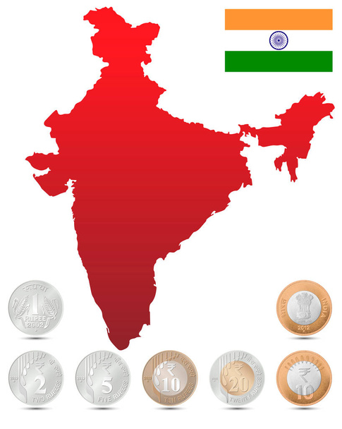 Set of coins, Indian rupees with India map. Flag of India. - Διάνυσμα, εικόνα