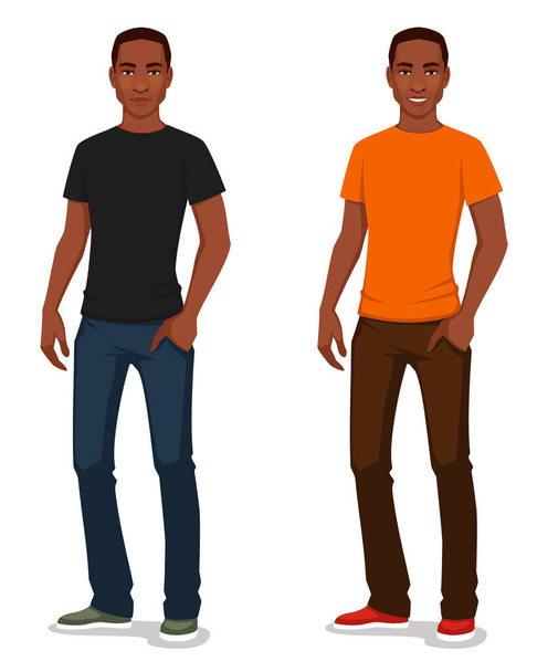 handsome African American man in casual clothes. Smiling young black man wearing jeans and t-shirt. Isolated on white. - Vector, imagen