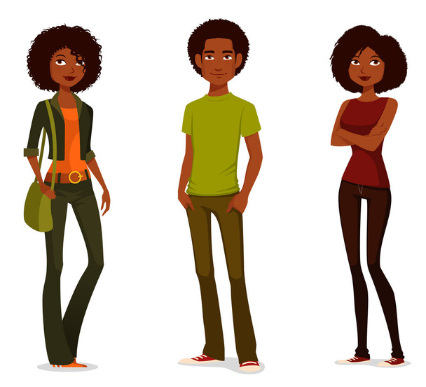 Гарна ілюстрована карикатура про молодих афроамериканців у повсякденній вуличній манері, підлітків та студентів. Молоді жінки і чоловік у джинсах. Ізольовані на білому. - Вектор, зображення