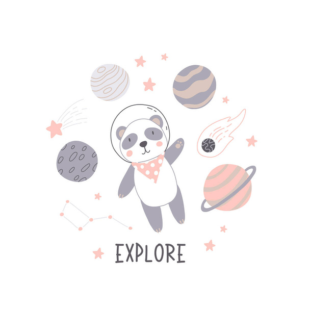 Space adventure panda. Cartoon bear, hand drawing lettering, decor elements. Pastel vector illustration for kids. Scandinavian flat style. baby design for cards, posters, t-shirt print. - Wektor, obraz