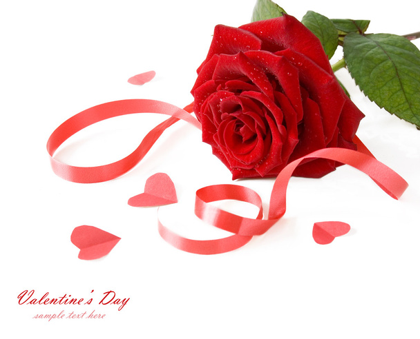 Red rose on heart with bow isolated on white background with sample text. Valentine day concept - Фото, изображение