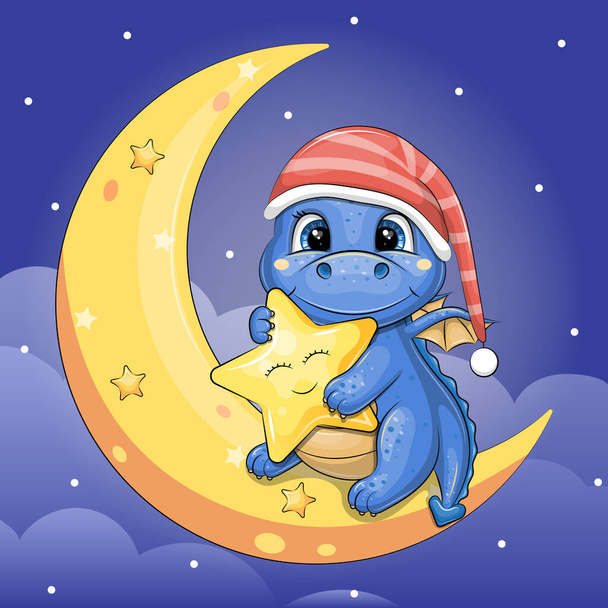 Cute cartoon blue dragon in red nightcap holding a yellow star and sitting on a moon. Night vector illustration of animal on dark blue background with clouds and stars. - Vettoriali, immagini