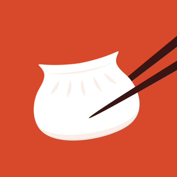 Gyoza vector. Hot dumplings and chopsticks on red background. Steamed dim sum or bun illustration for restaurant logo. Asian food icon for Japanese. - Vector, Image