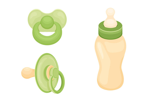 Illustration of baby pacifiers and bottles, baby items. Cute baby shower clipart or print for invitations, greeting cards, posters, etc - Vector, imagen