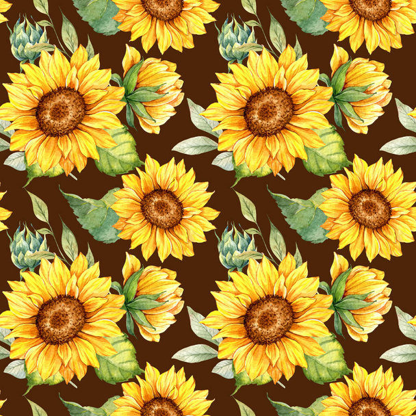 Watercolor Sunflower Background, Sunflower Seamless pattern with Hand Painted Watercolor Sunflowers and Greenery - Foto, Imagem