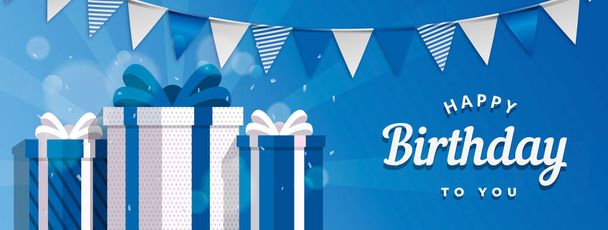 Blue birthday party banner. Gift banner. Happy birthday card with giftbox. Vector stock - Wektor, obraz