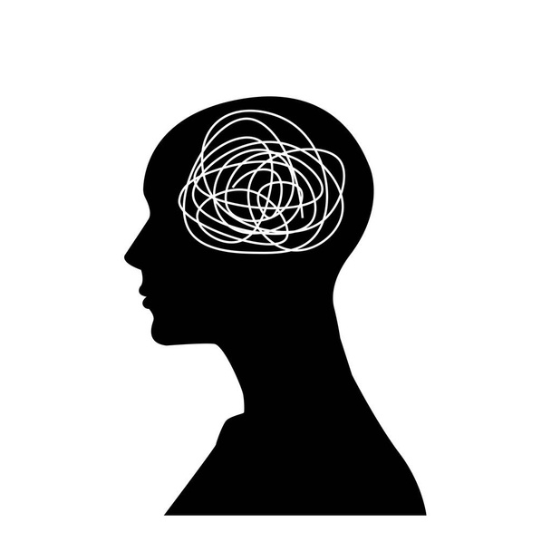 silhouette of human head with tangled line inside, like brain. concept of chaotic thought process - Photo, image