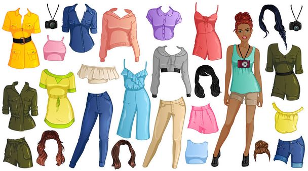 Travel Time Paper Doll with Beautiful Lady, Outfits and Hairstyles. Vector Illustration - Vettoriali, immagini