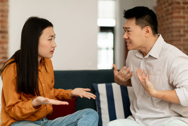 Angry asian spouses having quarrel, sitting on sofa and arguing, looking at each other, side view. Domestic violence and abuse. Couple struggling from marital crisis concept - Photo, image