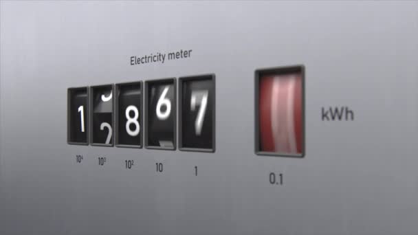 3D animation of electricity meter. Close-up view of kWh counter. Changing numbers on the electricity meter display. Energy savings or over-consumption, rising prices and costs. Electricity supply. - Séquence, vidéo