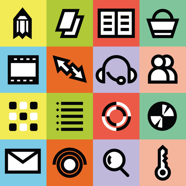Eenvoudige vector grafische multimedia iconen voor web-pagina met kleurrijke achtergronden - Vector, afbeelding