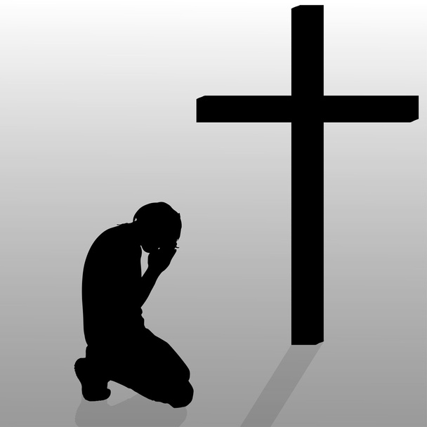 Man who kneels near cross. - Vector, Image