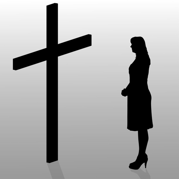 Donna che si inginocchia vicino alla croce
. - Vettoriali, immagini