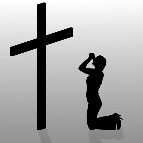 Woman who kneels near cross. - Vector, Image