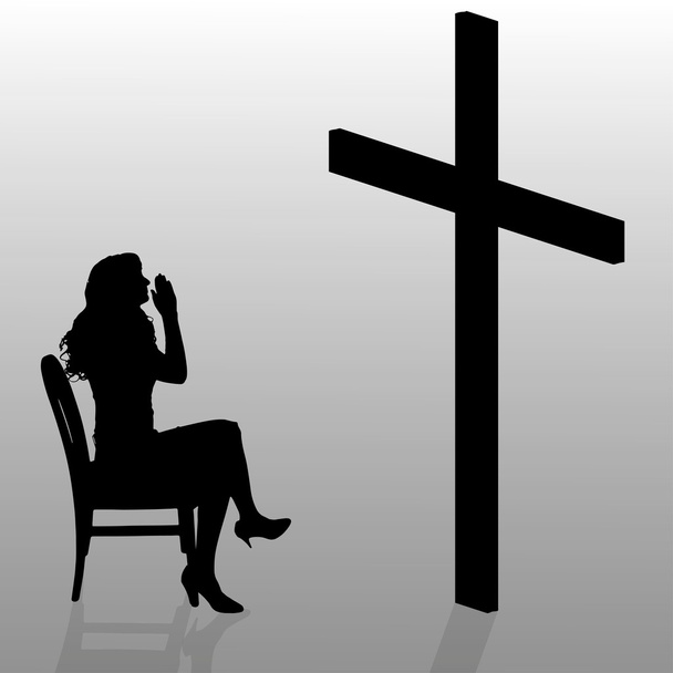 Woman who sits near cross. - Vector, Image