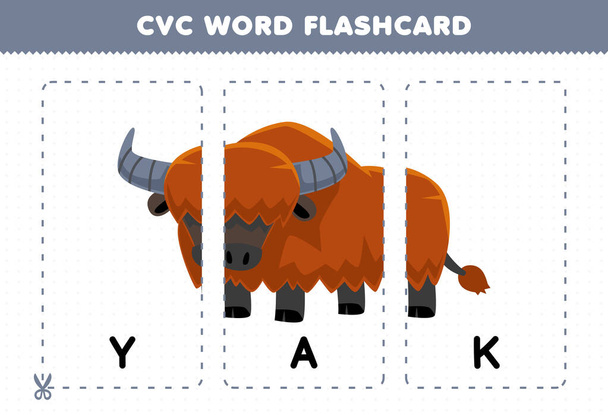 Education game for children learning consonant vowel consonant word with cute cartoon YAK illustration printable flashcard - Διάνυσμα, εικόνα