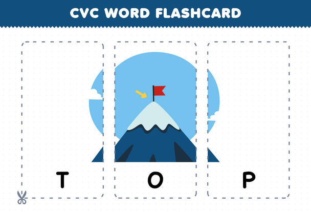 Education game for children learning consonant vowel consonant word with cute cartoon TOP of mountain illustration printable flashcard - Vector, Image