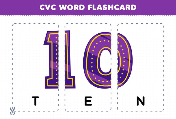 Education game for children learning consonant vowel consonant word with cute cartoon TEN number illustration printable flashcard - Vector, Image