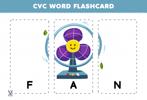 Education game for children learning consonant vowel consonant word with cute cartoon FAN illustration printable flashcard - Διάνυσμα, εικόνα
