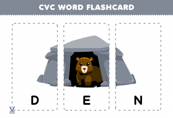 子供のための教育ゲームかわいい漫画と子音の母音子音の単語を学ぶDENイラスト印刷可能なフラッシュカード - ベクター画像