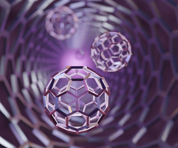 фуллереновые бакиболлы внутри углеродной нанотрубки в качестве системы доставки лекарств 3d рендеринг - Фото, изображение