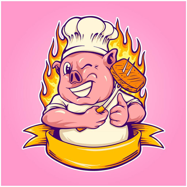 Funny chef pig logo mascot with ribbon vector illustrations for your work logo, merchandise t-shirt, stickers and label designs, poster, greeting cards advertising business company or brands - Vetor, Imagem