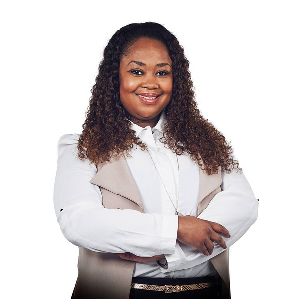 Black woman, portrait and proud, business and leader in studio with startup vision on white background, Face, happy and business woman proud, confident and excited for career goal while isolated. - Foto, Imagem