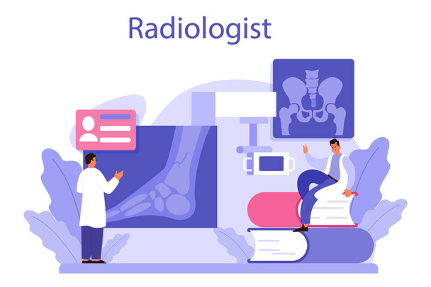 Radiologist concept. Doctor examing X-ray image of human body with computed tomography, MRI and ultrasound. Idea of health care and disease diagnosis. Isolated vector illustration in cartoon style - Vector, Image