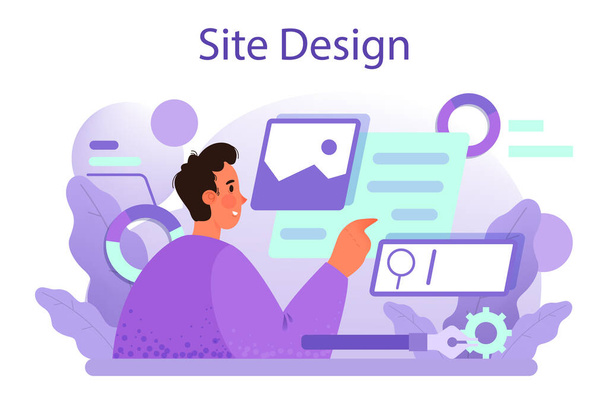 Web site design concept. Presenting content on web pages. Website layout, composition and color development. Idea of computer technology. Flat vector illustration - Vector, Image